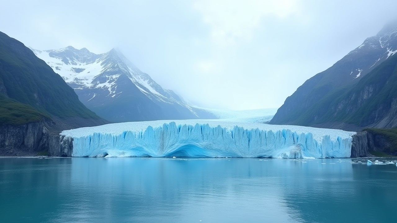 Mysterious beautiful Alaskan melting blue glacier in the fjord with blue lagoon water and white snow mountains in the background with ice fog rolling in between the mountains in the distance