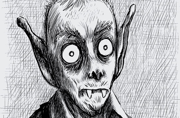 A drawing of a goofy vampire with big ears in black and white