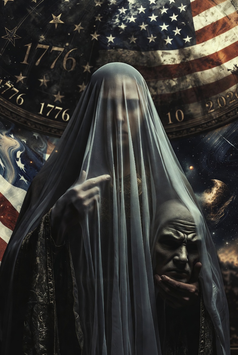 Mysterious veiled figure in a flowing dark shroud, partially lifting a translucent mask to reveal a shadowy face, framed by a cosmic clock spanning 1776 to 2026, with subtle American flag motifs and starry firmament backdrop, evoking hidden deception and impending revelation