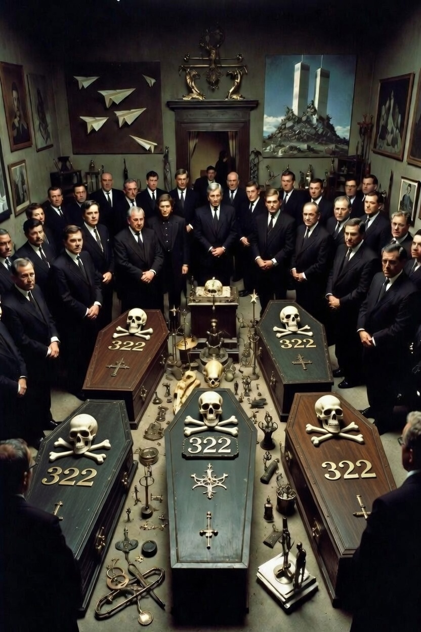 Mock photo of a Skull and Bones secret society meeting featuring coffins in the middle of the gathering that have a skull and cross bones with the number 322 on each coffin