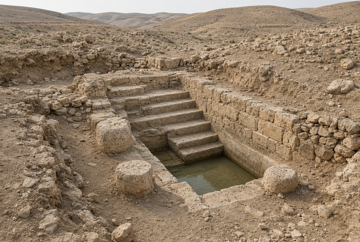 Illustration of an Ancient stone mikveh unearthed in Israeli excavation site.