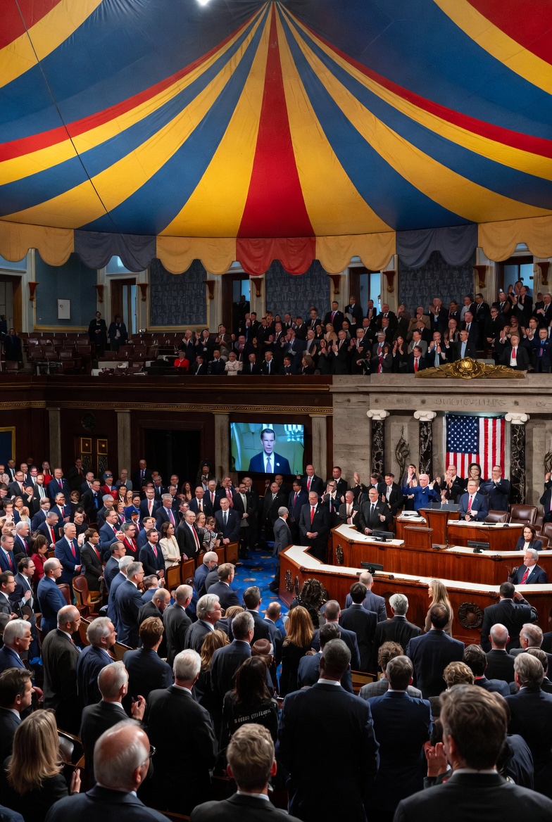 Mock photo of the 2026 Pre-Midterm State of the Union address, except ion the hearing room floor, the ceiling is a big top tent, indicating that it is a major circus