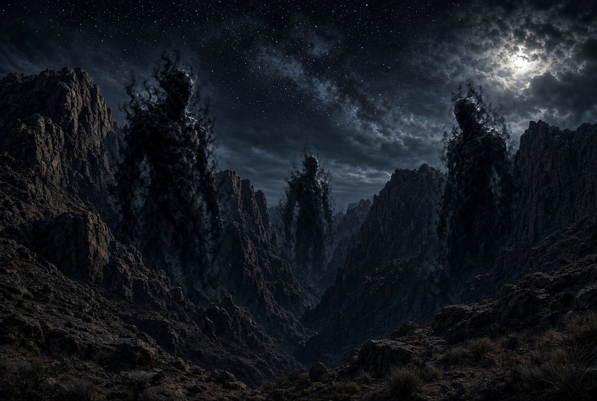 Illustration of a dark night scene of Superstition Mountains with three tall shadowy giants of swirling black energy standing among jagged rocky peaks under a starry sky and moonlight.