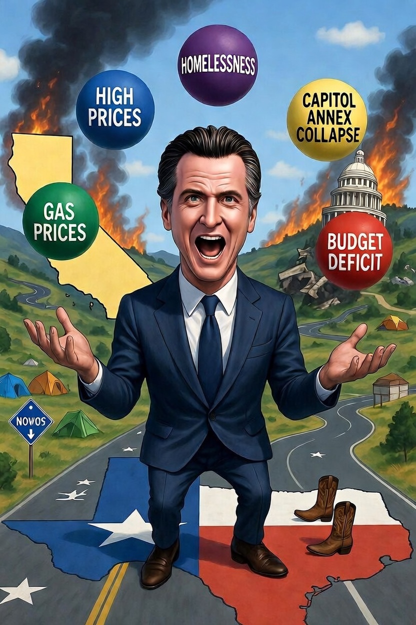Satirical cartoon of Gavin Newsom in a suit, arms outstretched in frustration, standing on a Texas state map with cowboy boots at his feet. Behind him, a chaotic California landscape burns with wildfires, tent cities, and homeless encampments. Overhead, floating icons represent high gas prices, homelessness, a crumbling Capitol Annex, and budget deficits, while a large California outline looms in red smoke