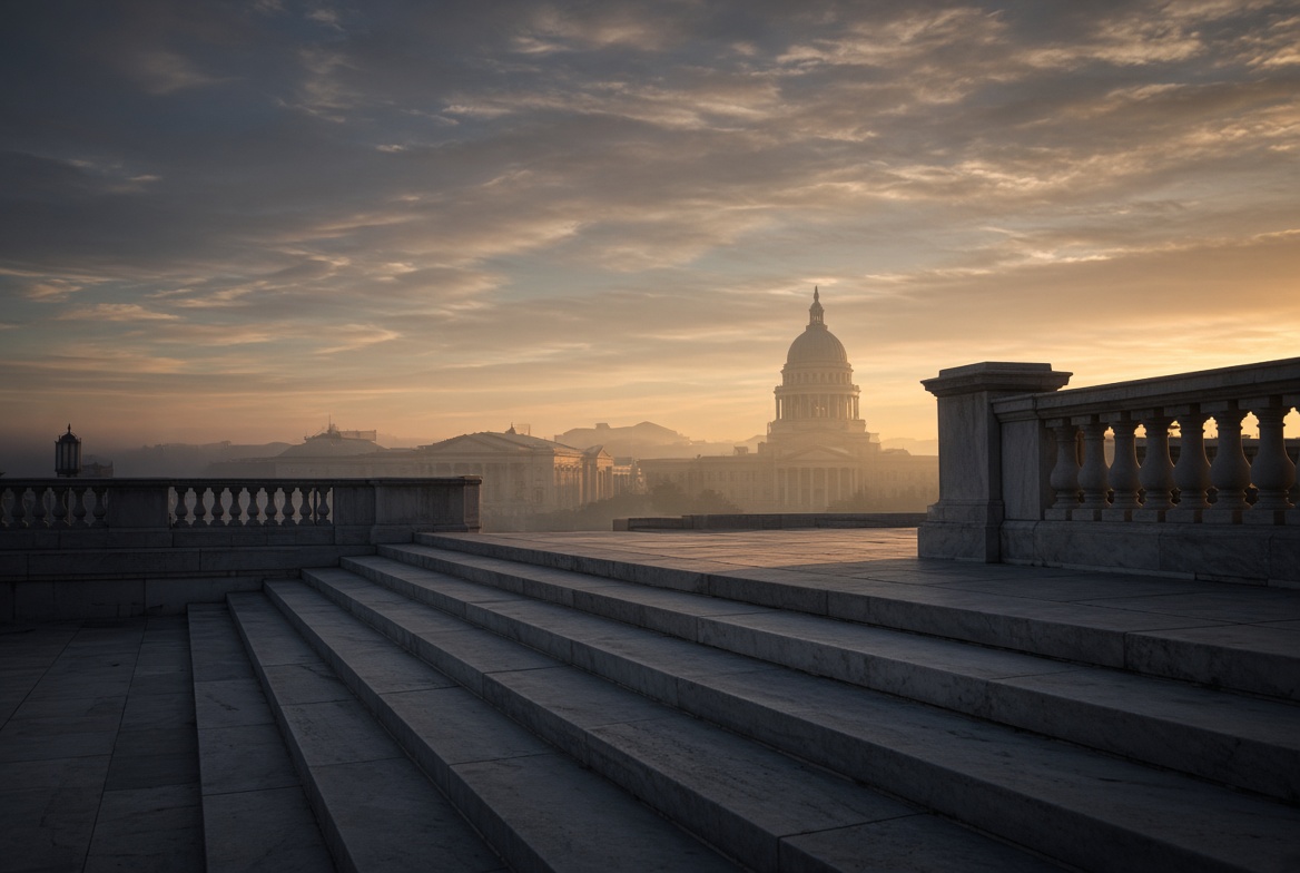 Illustration of a twilight silhouette of dissolving American institutions over empty marble steps.