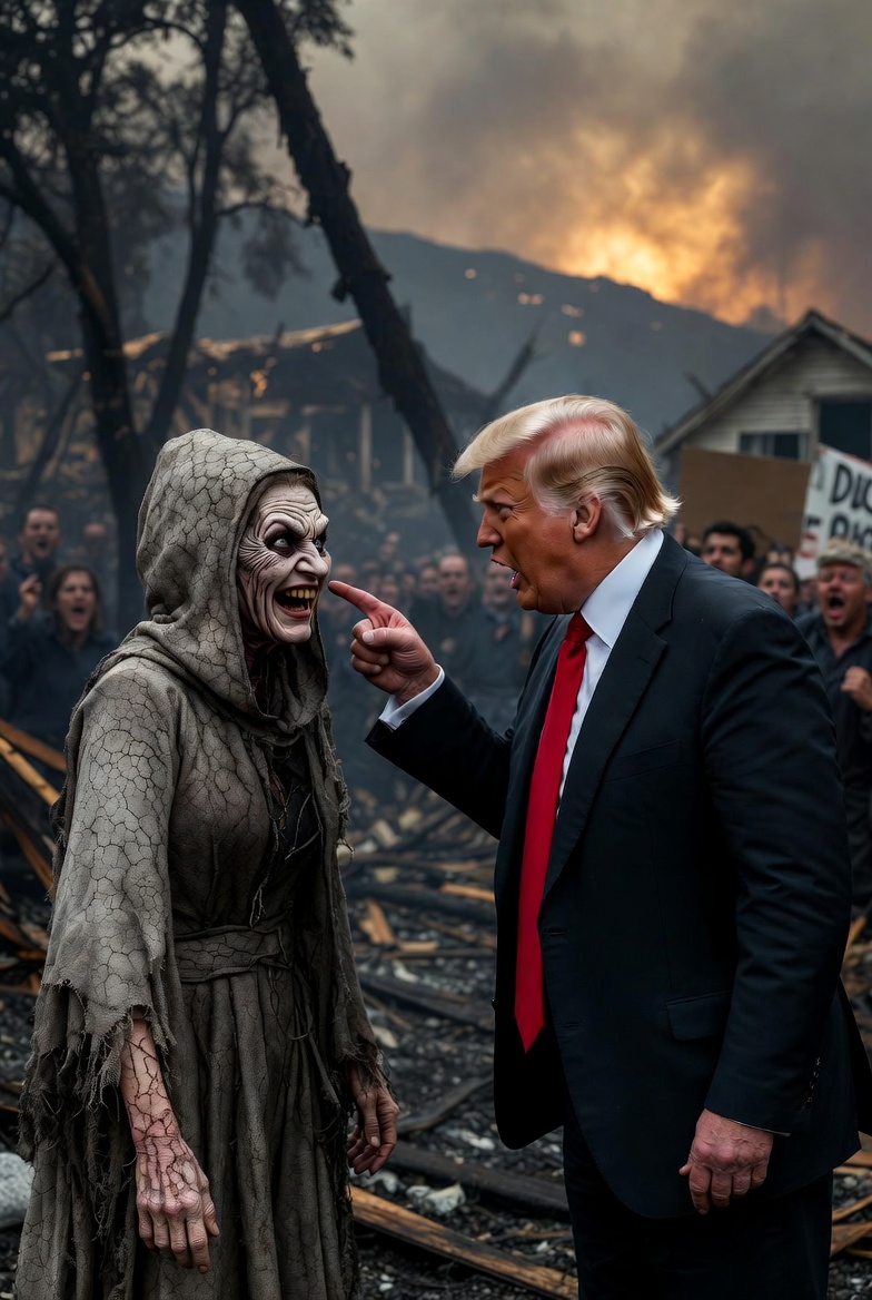 A picture of Karen Bass as the crypt keeper versus Trump, who's pointed in her face and commanding with the burned down houses of Cali in the background