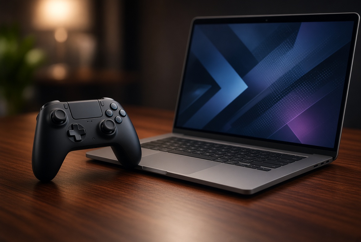 Illustration of an elegant video game controller and laptop on desk under soft lighting.
