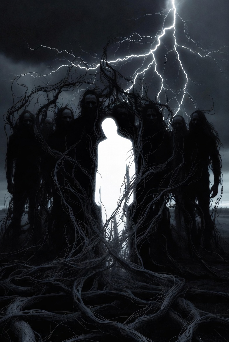 Mock photo of dark members are surrounding a pure white light individuals and their dark energy is feeding off the light individual's energy.