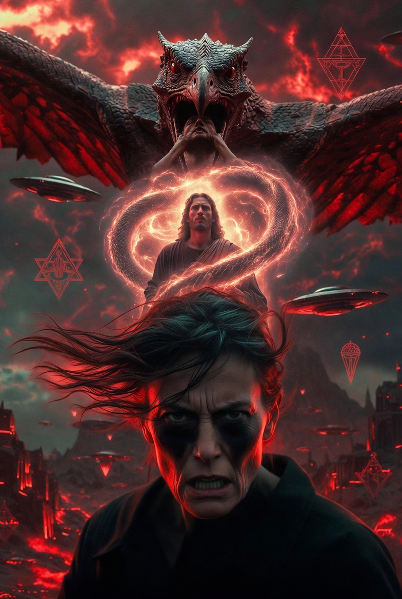 Dramatic conspiracy exposé thumbnail: Determined woman with intense gaze in foreground, behind her a surreal Hieronymus Bosch hellscape featuring a giant bird-headed reptilian demon devouring a human, glowing dragon-serpent entity possessing a false Jesus figure, ominous red sky with UFOs and Masonic symbols.