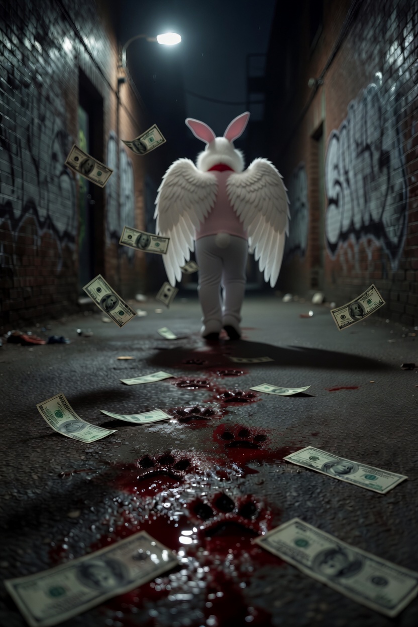 Cinematic nighttime alley scene: A person in a full Easter bunny costume with large folded white angel wings on their back walks steadily away from the camera down the center of a dark, wet urban alley. From behind, we see fresh bloody rabbit-paw footprints and puddles trailing directly from their feet back toward the viewer. Dollar bills scatter across the ground and fly out behind them. Dramatic streetlight illumination, sharp focus on the blood trail and money in the foreground, moody cinematic atmosphere, high detail, photorealistic.