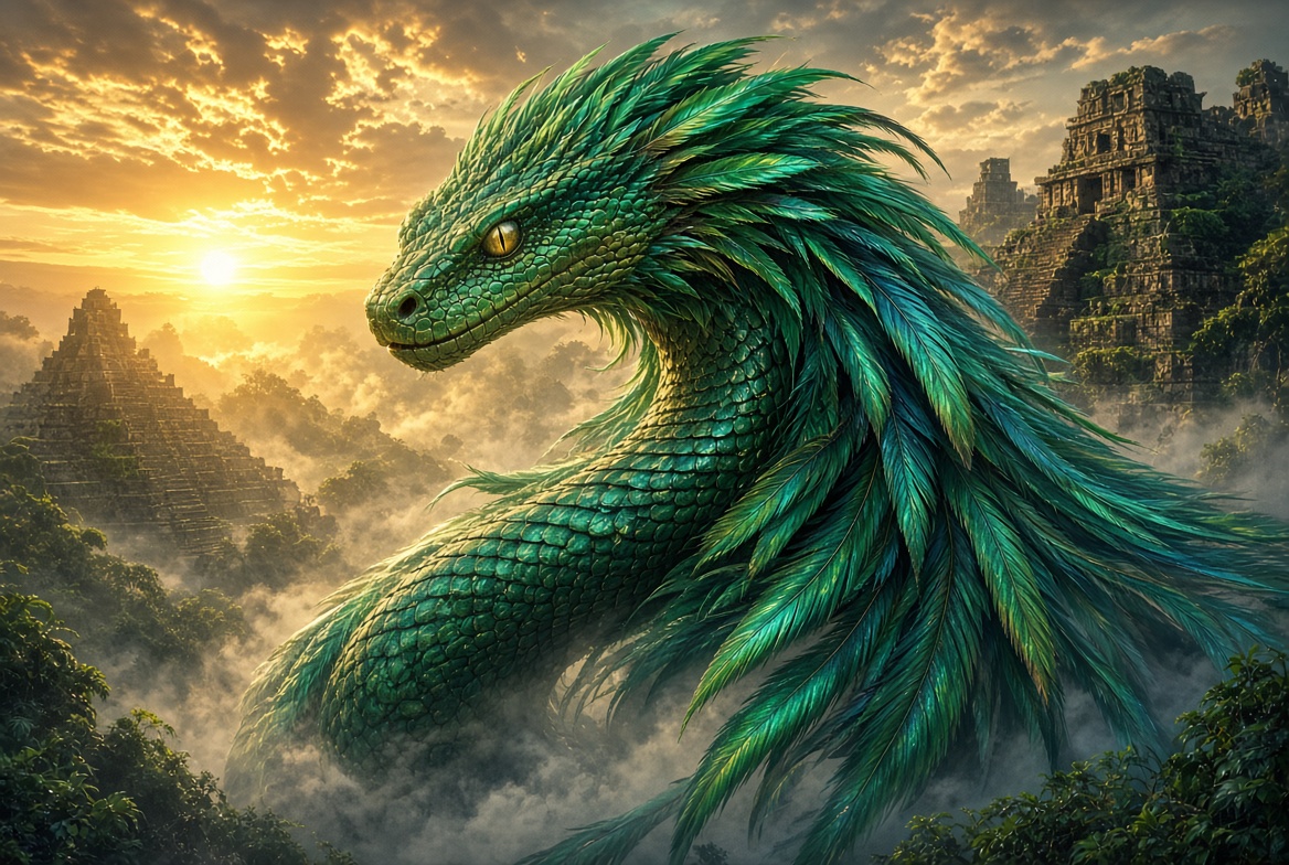 Illustration of a majestic emerald-green feathered serpent with iridescent scales and a flowing crest of long turquoise and green feathers rises through mist above a jungle landscape at sunrise, with ancient Mesoamerican stepped pyramids and stone ruins visible in the golden light.