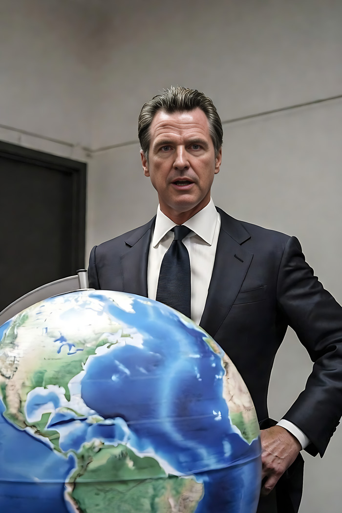 Mock photo of Gavin Newsom in front of a globe like he's discusing his plans to travel