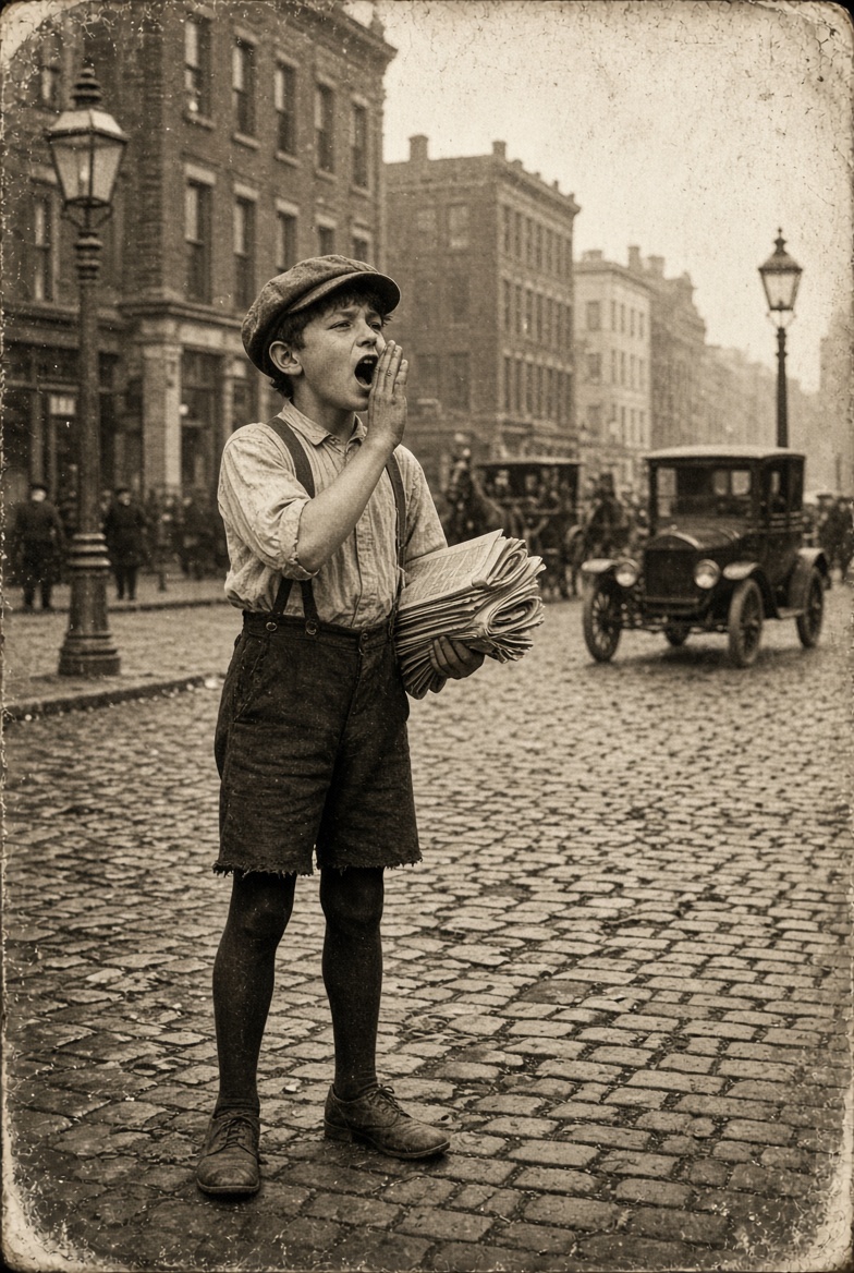Illustration of an old timey paperboy on the corner shouting hear ye hear ye.