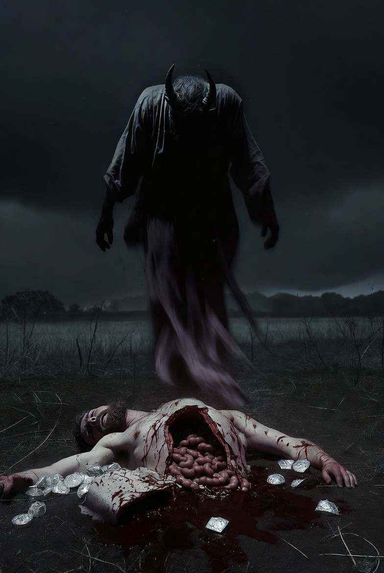 Ethereal dark spirit departing from a lifeless body lying in a field at dusk, symbolizing the entity leaving the skin suit after the betrayal. Somber, reverent biblical atmosphere with dramatic lighting