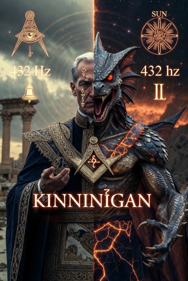 A dramatic digital illustration in a dark occult-conspiracy style: A Freemason in ornate ceremonial regalia and apron is mid-shapeshift into a reptilian Alpha Draconian. Half of his face and body remain human with Masonic symbols, while the other half transforms into a fierce Skeksis-like reptilian creature with scales, serpent head, bird-like crest, glowing eyes, and claws. Background shows ancient Atlantis ruins merging with modern Illuminati symbols, all-seeing eye, SUN Order emblem, and faint church bells ringing at 432 Hz waves. Foreground features glowing text 