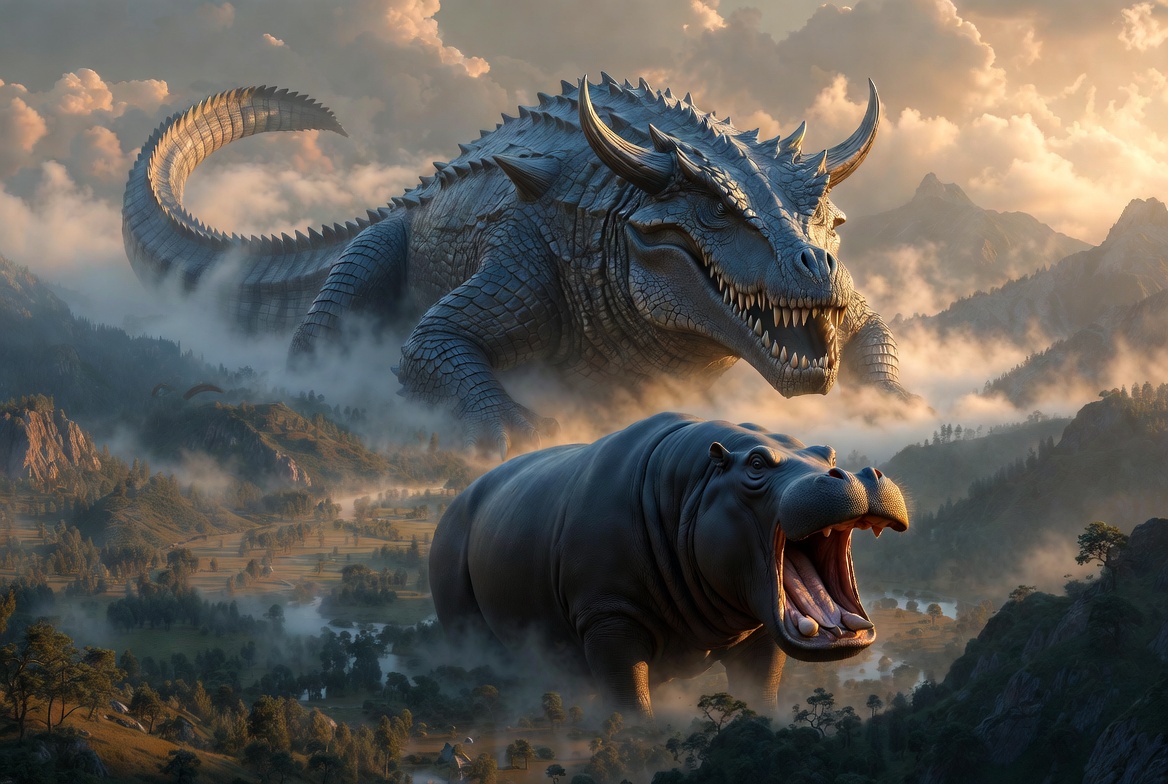 Photorealistic illustration of a vastly larger gargantuan horned crocodile as Leviathan towering over a colossal hippopotamus as Behemoth in a misty mountain valley landscape