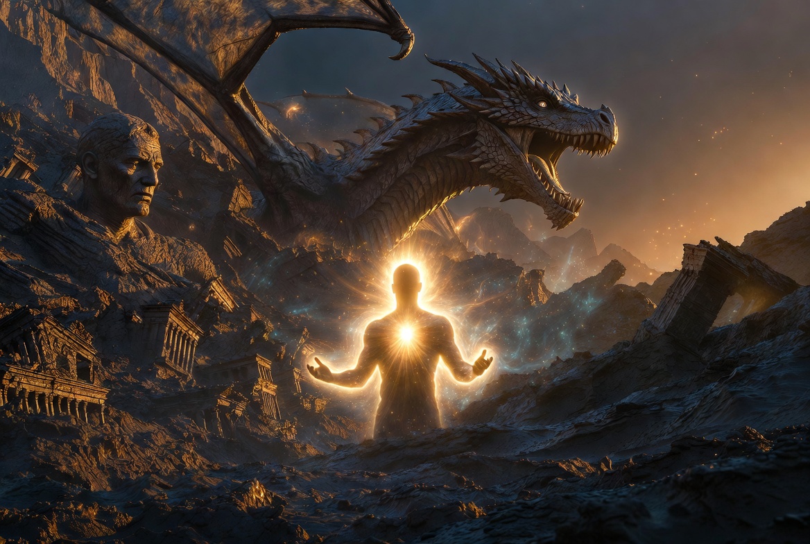 Mystical landscape of petrified dragon and giant fossils from the mud flood, with a human figure awakening inner divine light and power.