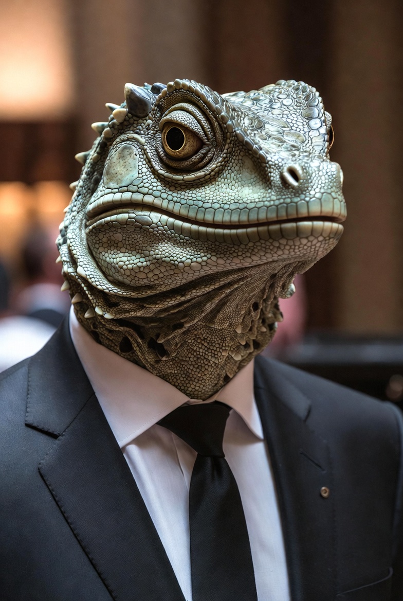 Mock photo of Gavin Newsom as a lizard man dressed in a suit in a political environment
