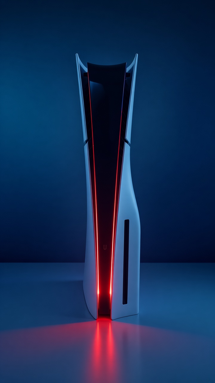 Illustration of a PlayStation 5 Slim console standing vertically with glowing red LED light bar.