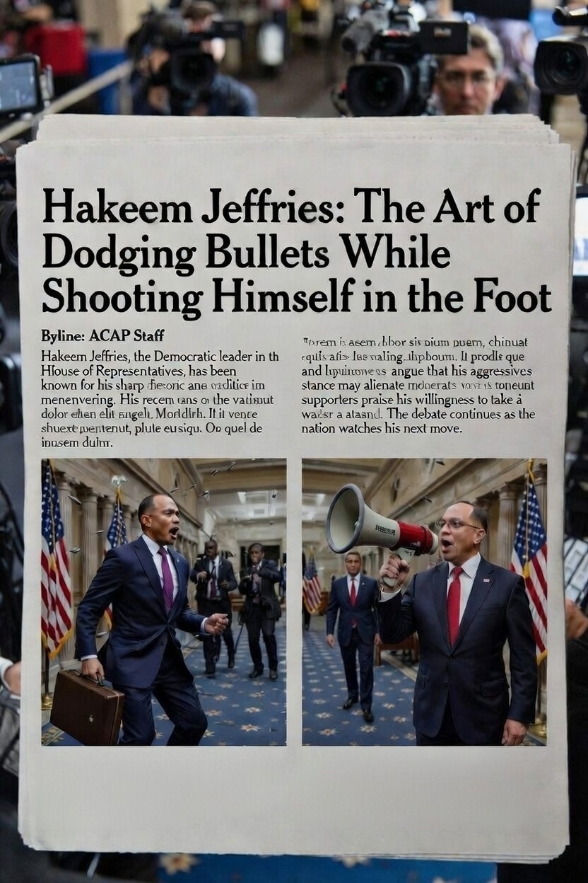 Satirical illustration of Hakeem Jeffries storming the halls of DC and the front page of a newspaper detailing his anti-trump and anti-ice tirade