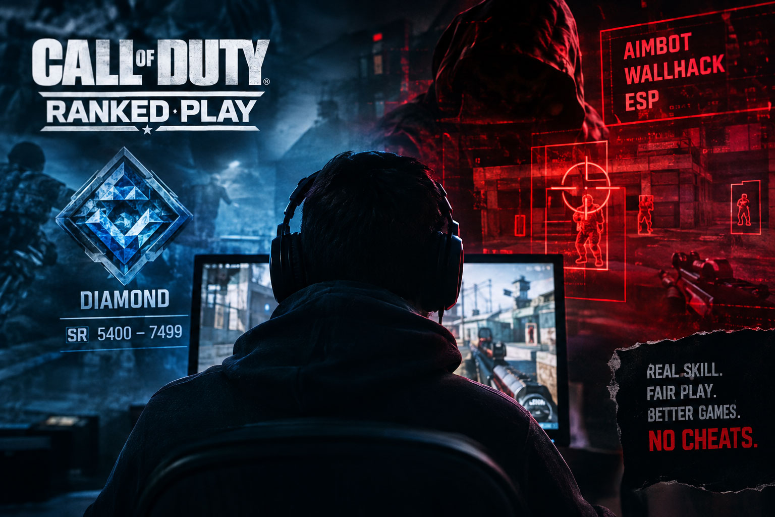 Gamer facing a Call of Duty Ranked Play screen, contrasted with a red hacker overlay showing aimbot and wallhack imagery.