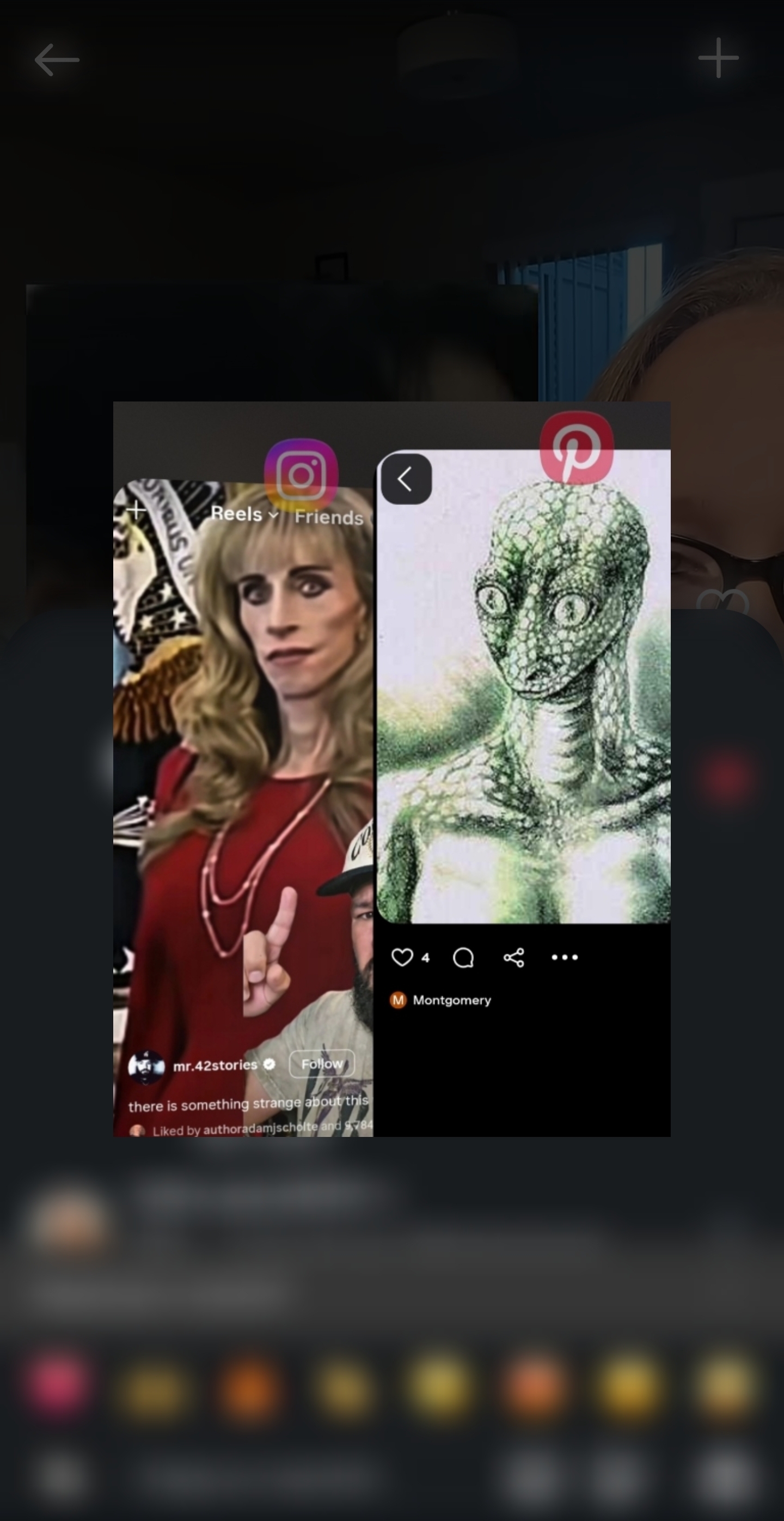 Side by side comparison of Susan Dell and a sketch of a reptilian.
