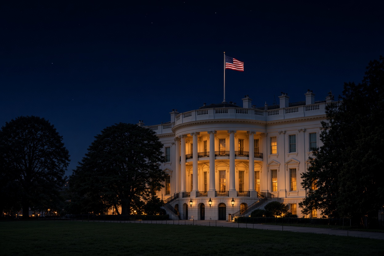Illustration of the White House exterior at night with an American flag under the night sky.