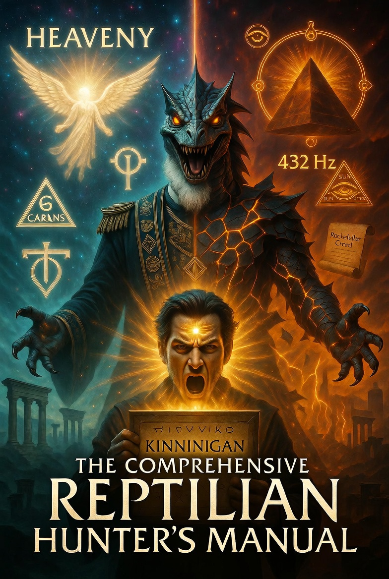 A dramatic, highly detailed digital illustration for The Comprehensive Reptilian Hunter's Manual cover art. In the foreground, a determined human hunter (strong, awakened appearance with glowing pineal third eye) holds an ancient glowing tablet inscribed with KINNINIGAN in mystical script, while speaking the word causing golden sound waves to radiate outward. In the midground, a Freemason in full ornate regalia is mid-shapeshift into a fierce Skeksis-like Alpha Draconian reptilian with scales, serpent head, bird-like crest, glowing orange eyes, and claws, its form cracking and peeling away under the word's power. Background shows divided cosmic realms: bright Heaven with angelic Carians and indigenous socialist symbols on one side, dark Hell with Illuminati symbols, all-seeing eye, SUN Order emblem, and Rockefeller Creed scrolls on the other. Ancient Atlantis ruins merge with modern poisoned cityscape, 432 Hz church bells ringing with visible harmonic waves disrupting the reptilian. Foreground bottom text in bold ancient font: REPTILIAN HUNTER'S MANUAL. Dark mystical conspiracy style, cinematic lighting with golden light piercing shadows, high detail, foreboding yet empowering atmosphere