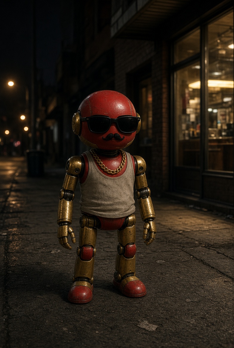 Illustration of a small red-gold humanoid robot in tank top and sunglasses on nighttime city street.