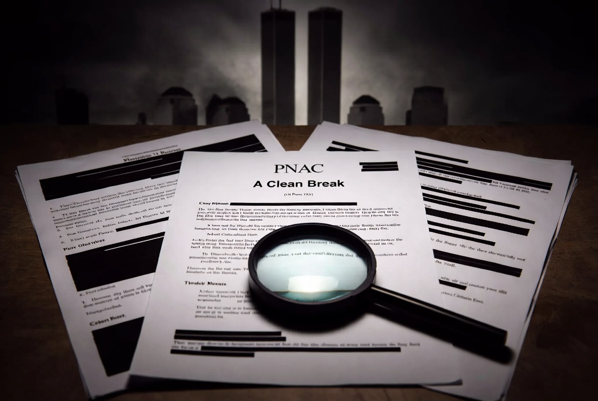 Investigative documents on a wooden table under a magnifying glass, featuring 'A Clean Break' and PNAC papers, with faint World Trade Center silhouettes in the background, representing 9/11 alternative narratives and truth movement research.