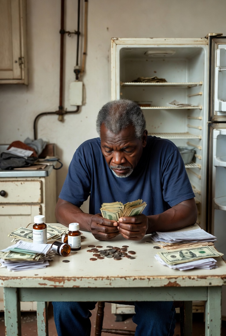 A tired older man with graying hair sits at a worn kitchen table in a modest apartment, intently counting a small stack of dollar bills and coins with a worried expression. An nearly empty refrigerator stands open in the background, surrounded by scattered medication bottles and piles of bills, conveying financial hardship and daily struggle. A tired older man with graying hair sits at a worn kitchen table in a modest apartment, intently counting a small stack of dollar bills and coins with a worried expression. An nearly empty refrigerator stands open in the background, surrounded by scattered medication bottles and piles of bills, conveying financial hardship and daily struggle.