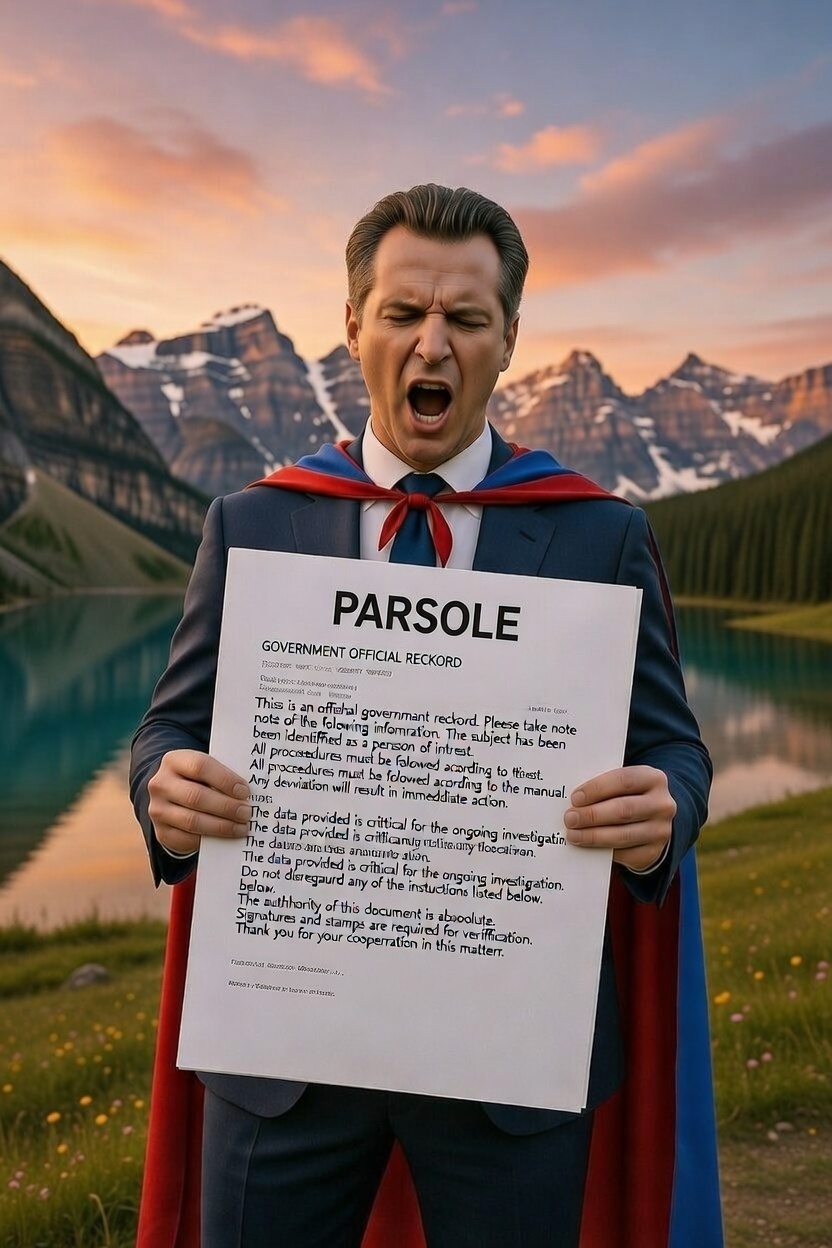 Mock photo of Gavin Newsom dressed up as a super idiot man with his cape and he's holding parol papers that have nothing but typos on them