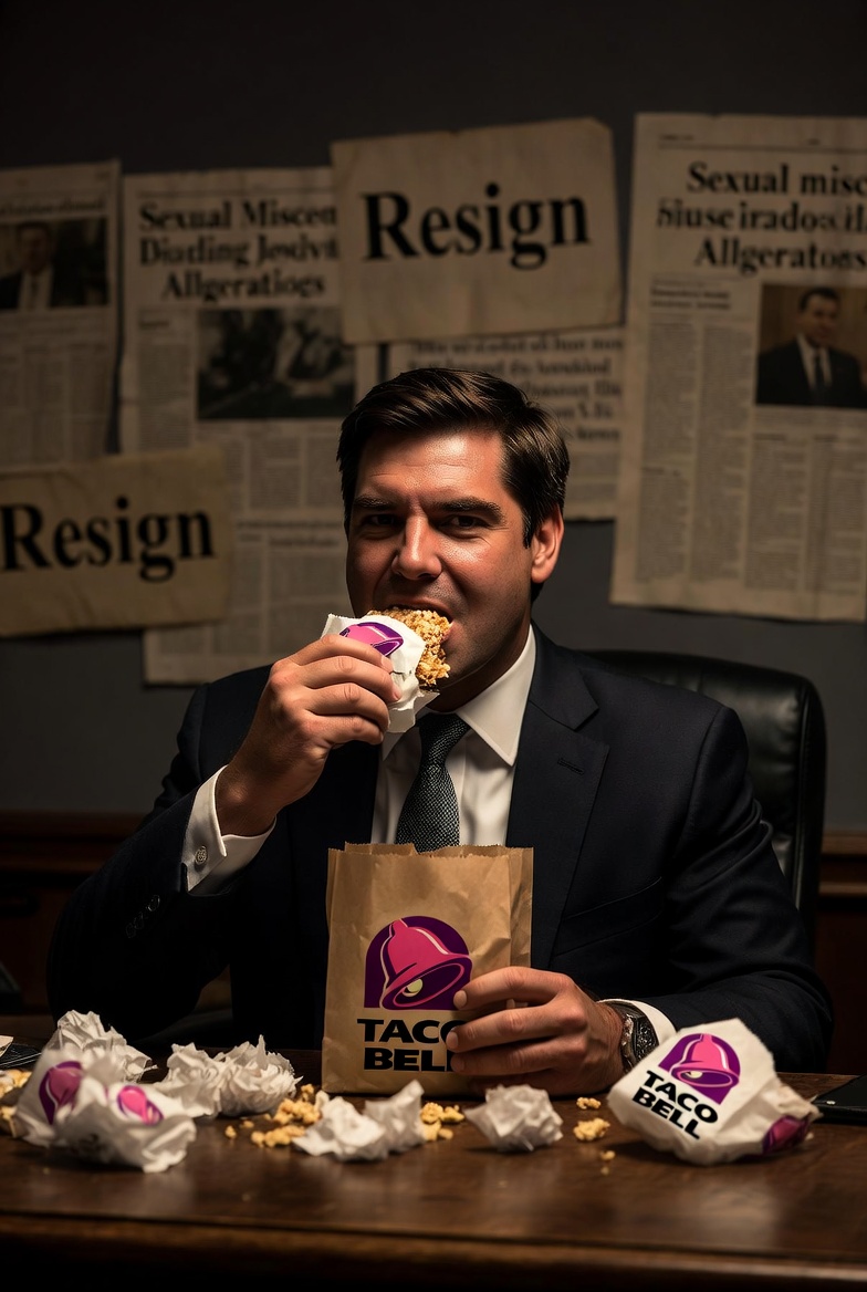 A dramatic political satire scene showing a smug-looking man in a suit (resembling Eric Swalwell) sitting alone at a desk in a dimly lit congressional office, silently eating from a glowing Taco Bell bag and wrapper, with fast-food wrappers scattered around. In the background, faded newspaper headlines about sexual misconduct allegations and a 
