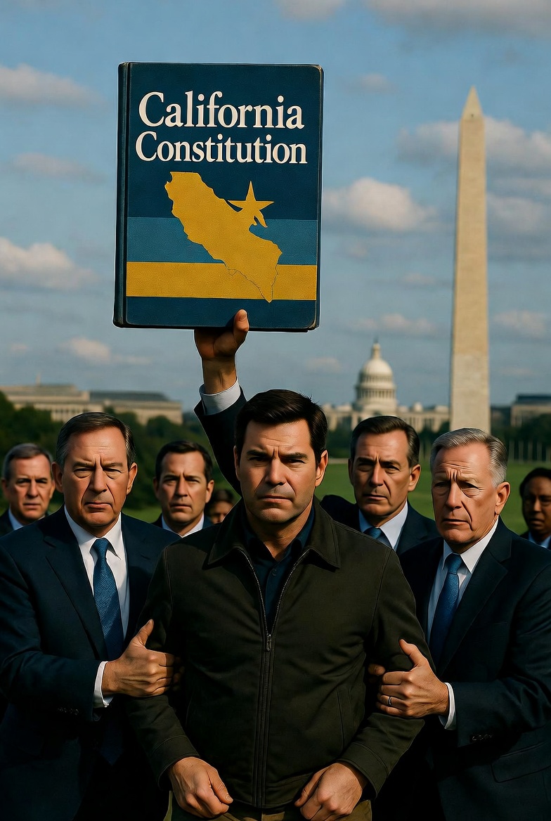 Mock photo of Swalwell apprehended by politicians in suits with one holding up the California contstitution