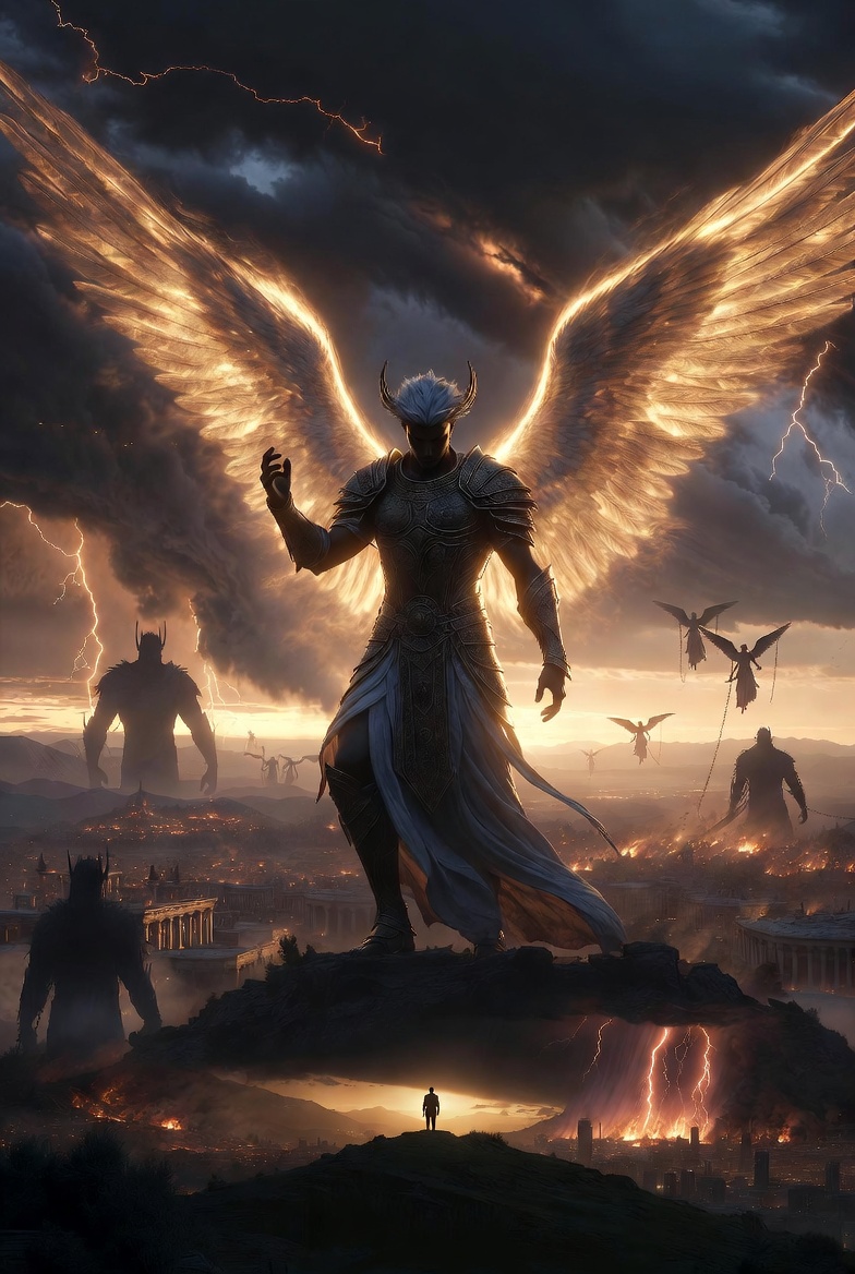 Epic cinematic digital painting depicting the full story of the Fallen Angels from the Book of Enoch: A majestic rebellious Watcher angel with glowing golden wings and ancient armor stands powerfully on Mount Hermon at twilight, wings spread wide. Below, shadowy giant Nephilim cause chaos amid ancient destruction. Storm clouds swirl with lightning and falling brimstone/fire raining on a burning city representing Sodom. In the sky, four chained angels hover near the Euphrates River. A lone modern figure stands on a distant hill looking up in awe. Dramatic biblical fantasy style symbolizing ancient rebellion, divine warnings, Flood and fire judgments, and end-times awakening.