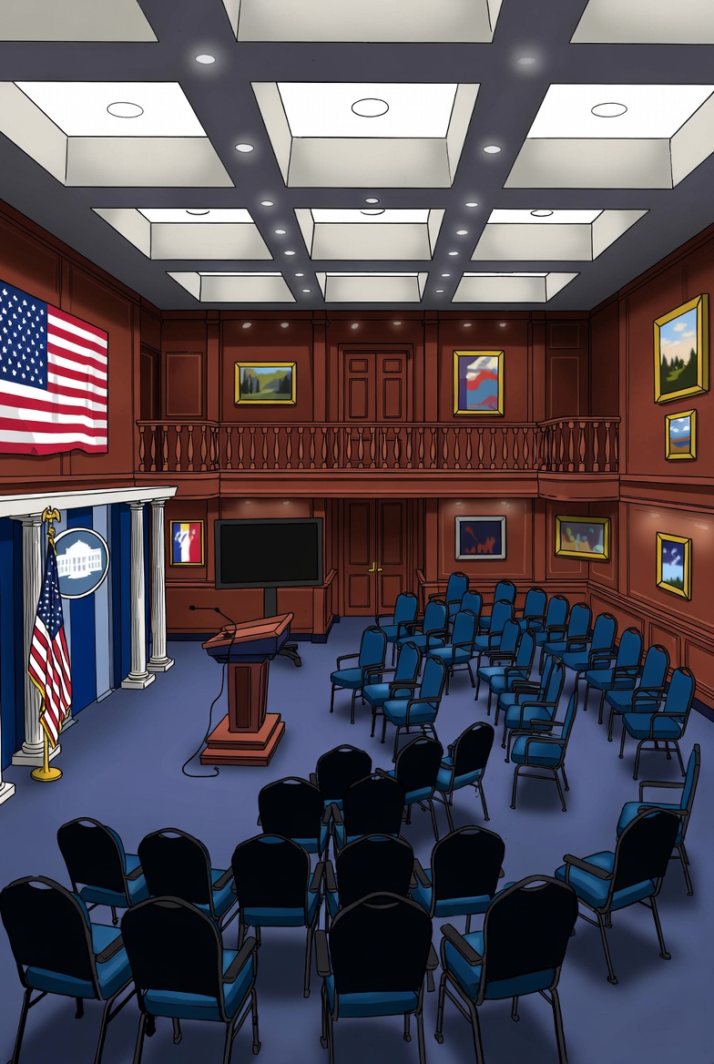 A satire cartoon photo of the White House Press Briefing Room