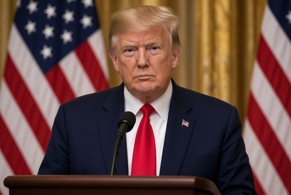 Illustration of Trump at White House podium with US flags behind him.