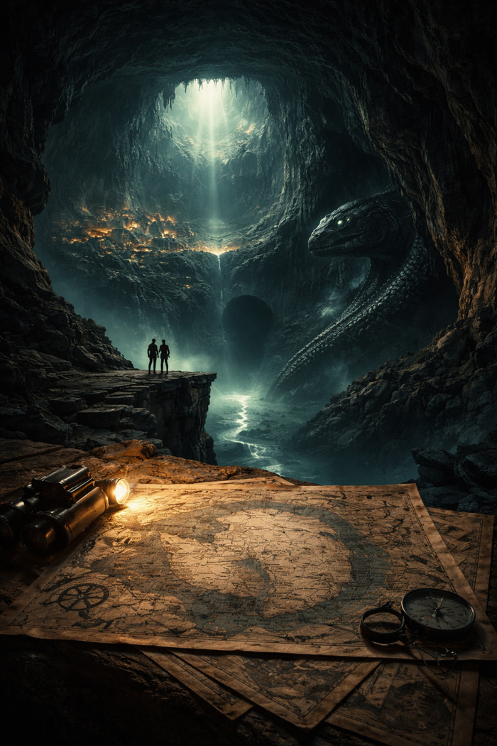 Mock photo of a dark underground cavern with a glowing hidden city, two figures overlooking it, a giant reptilian creature emerging from the shadows, and old maps spread across a stone ledge. Underground cavern with glowing hidden city, silhouetted figures, reptilian creature, and ancient maps