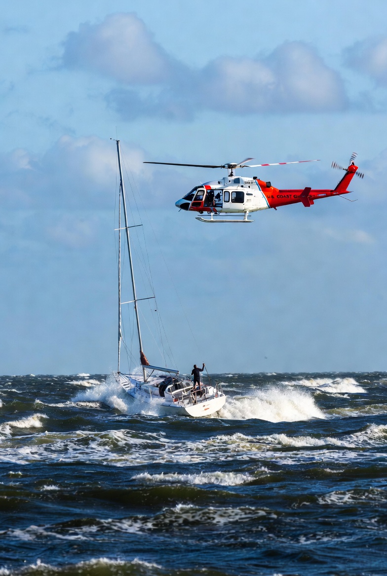 Mock photo of a man on his boat with a Coast Guard helicopter coming to save the man from the raging waters